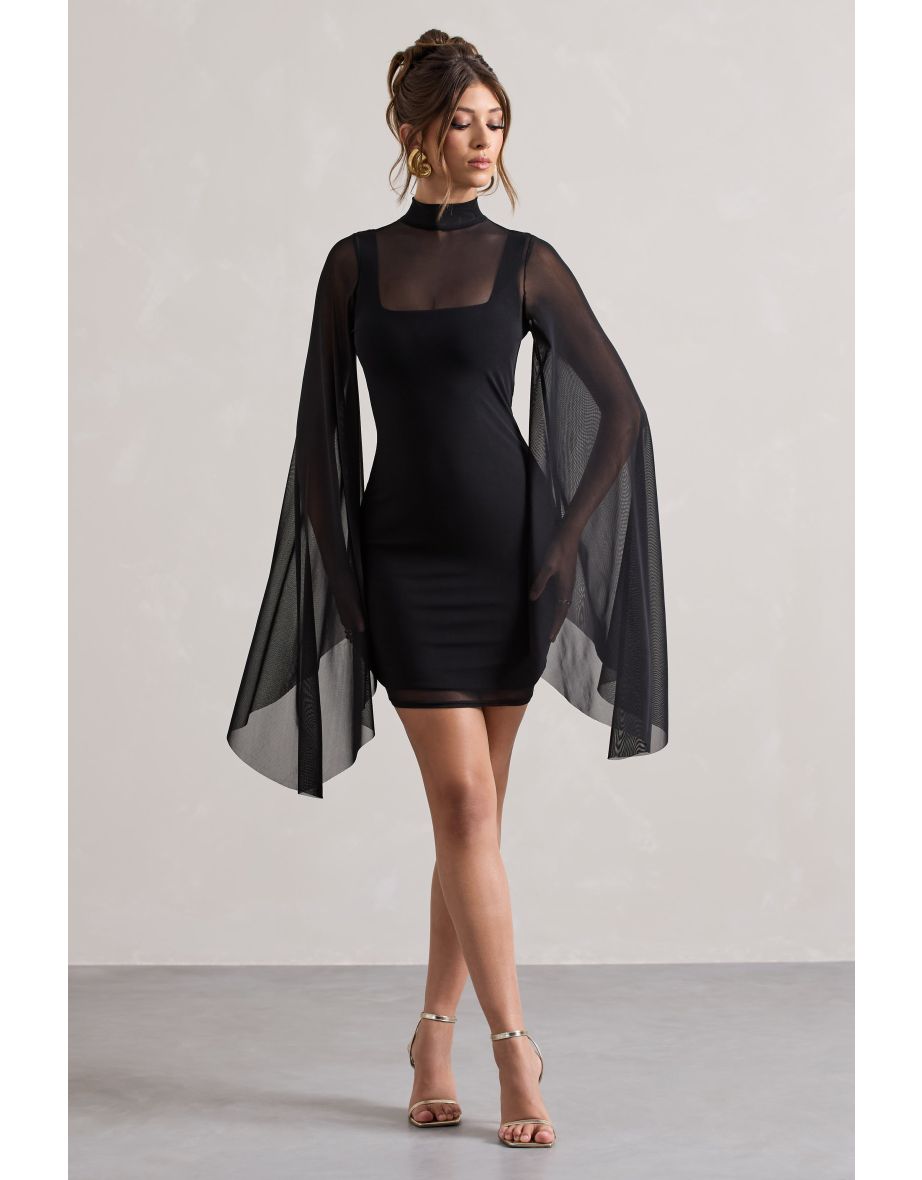 Jenny | Black Mesh High-Neck Cape-Sleeve Mini Dress