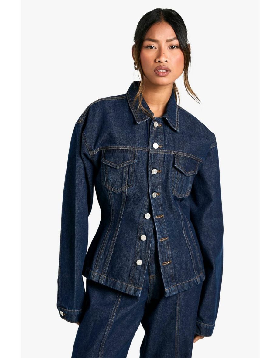 Cinched Waist Contrast Stitch Raw Indigo Denim Jacket