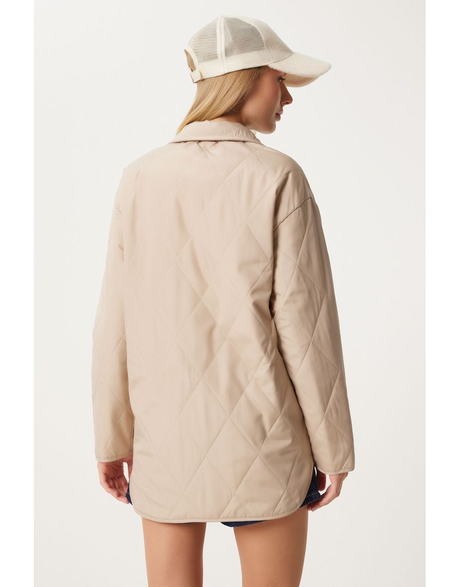 Women's Cream Pocket Oversize Quilted Jacket - 5