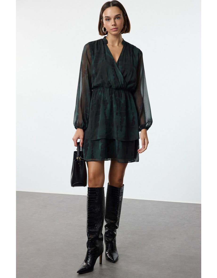 Green Abstract Pattern Double Breasted Skater Neck/Waist Drop Mini Lined Chiffon Woven Dress