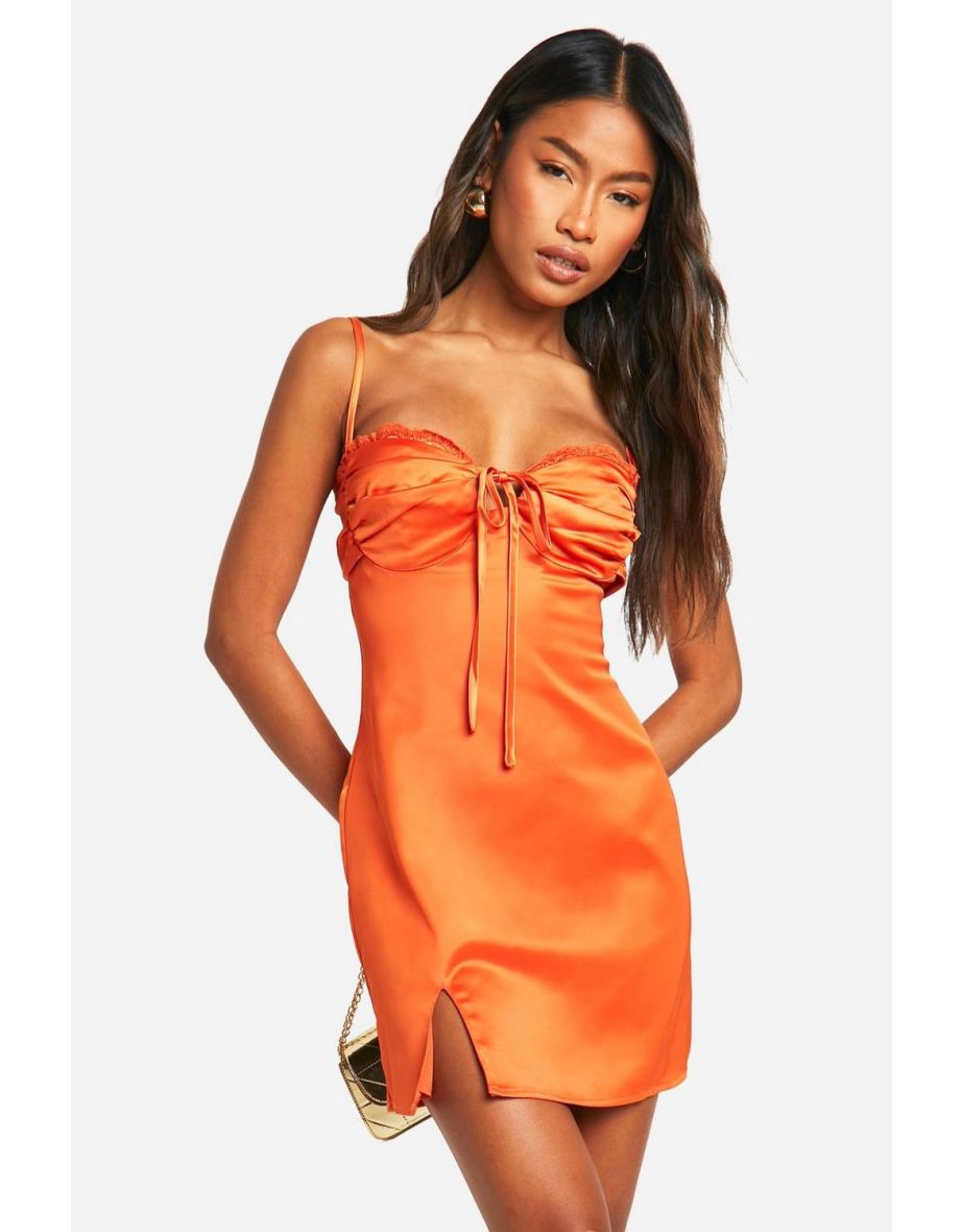 Satin Lace Trim Mini Dress - orange