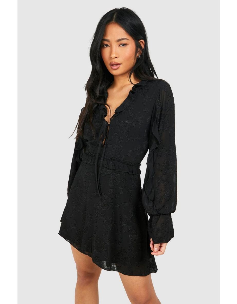 Petite Floral Jaquard Ruffle Mini Dress - black