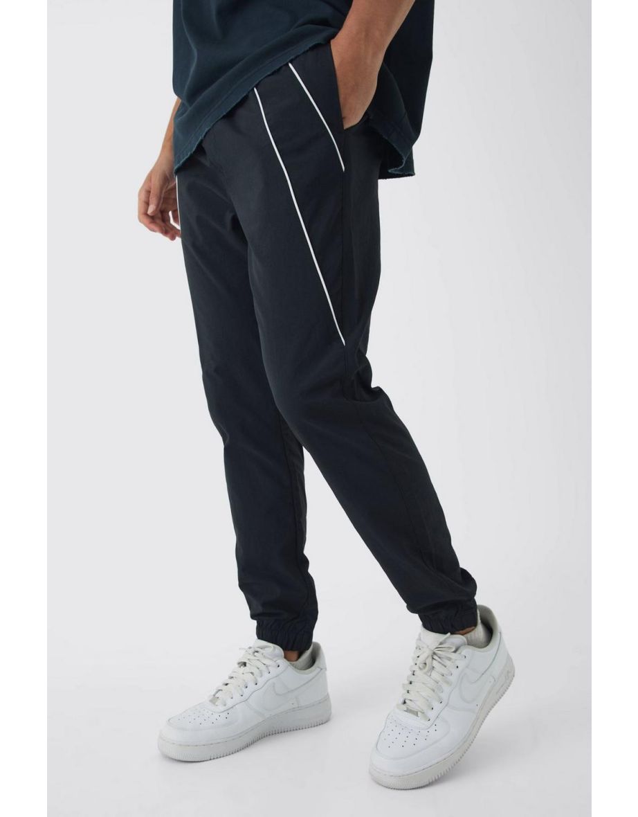 Elasticated Slim Cargo Piping Parachute Trousers - black