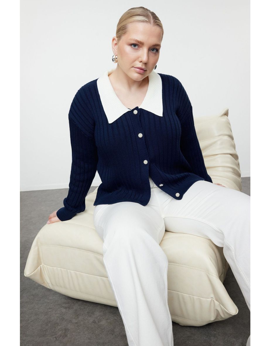 Navy Blue Knitwear Plus Size Cardigan