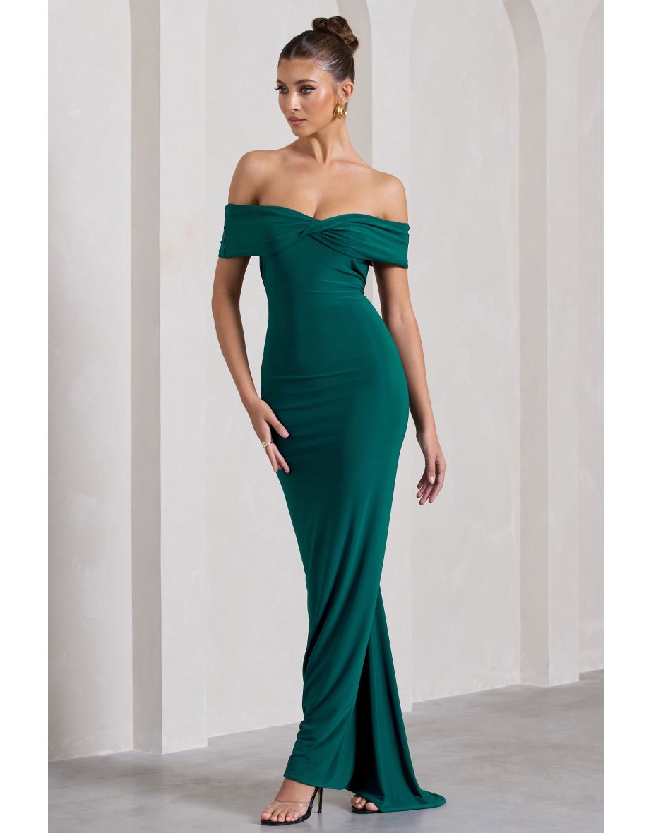 Vivienne | Bottle Green Bardot Open-Back Maxi Dress - 4