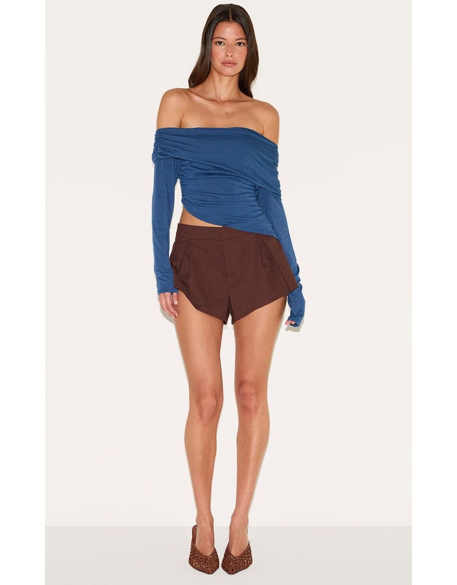 Petrol Blue Contour Jersey Fold Over Detail Bardot Long Sleeve Top