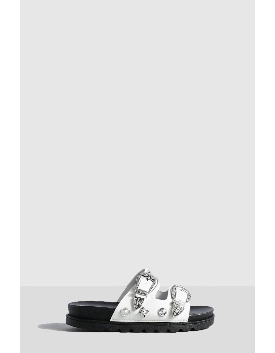 Chunky Western Metal Trim Footbed Slider - white
