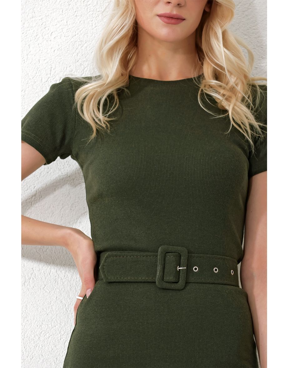 Women's Khaki Crew Neck Belted Short Sleeve Camisole Dress - 5