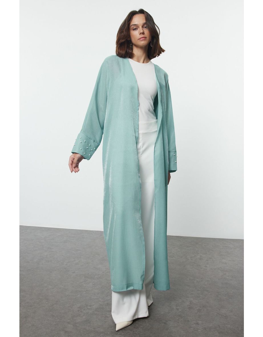 Mint Pearl Detailed Woven Shiny Fabric Cap & Abaya