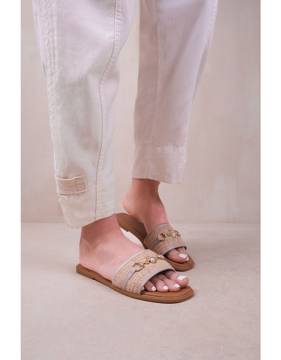 HARMONY PU STRAW DETAIL STRAP SLIPPER IN NUDE FAUX LEATHER