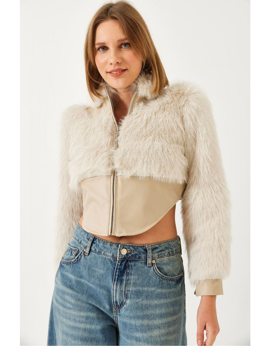 Women's Leather Garni Detailed Crop Faux Fur Jacket
