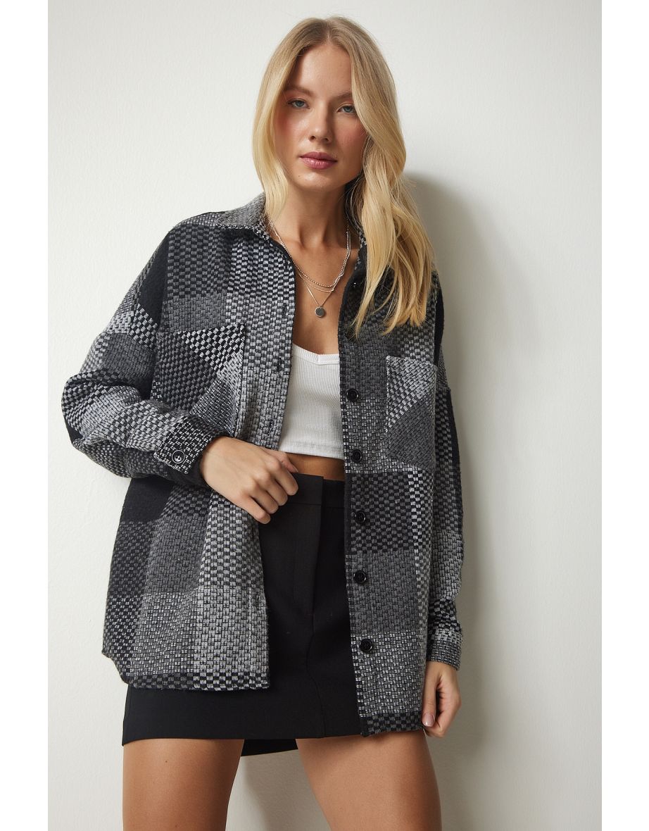 Women's Gray Black Patterned Oversized Stamp Lumberjack Shirt