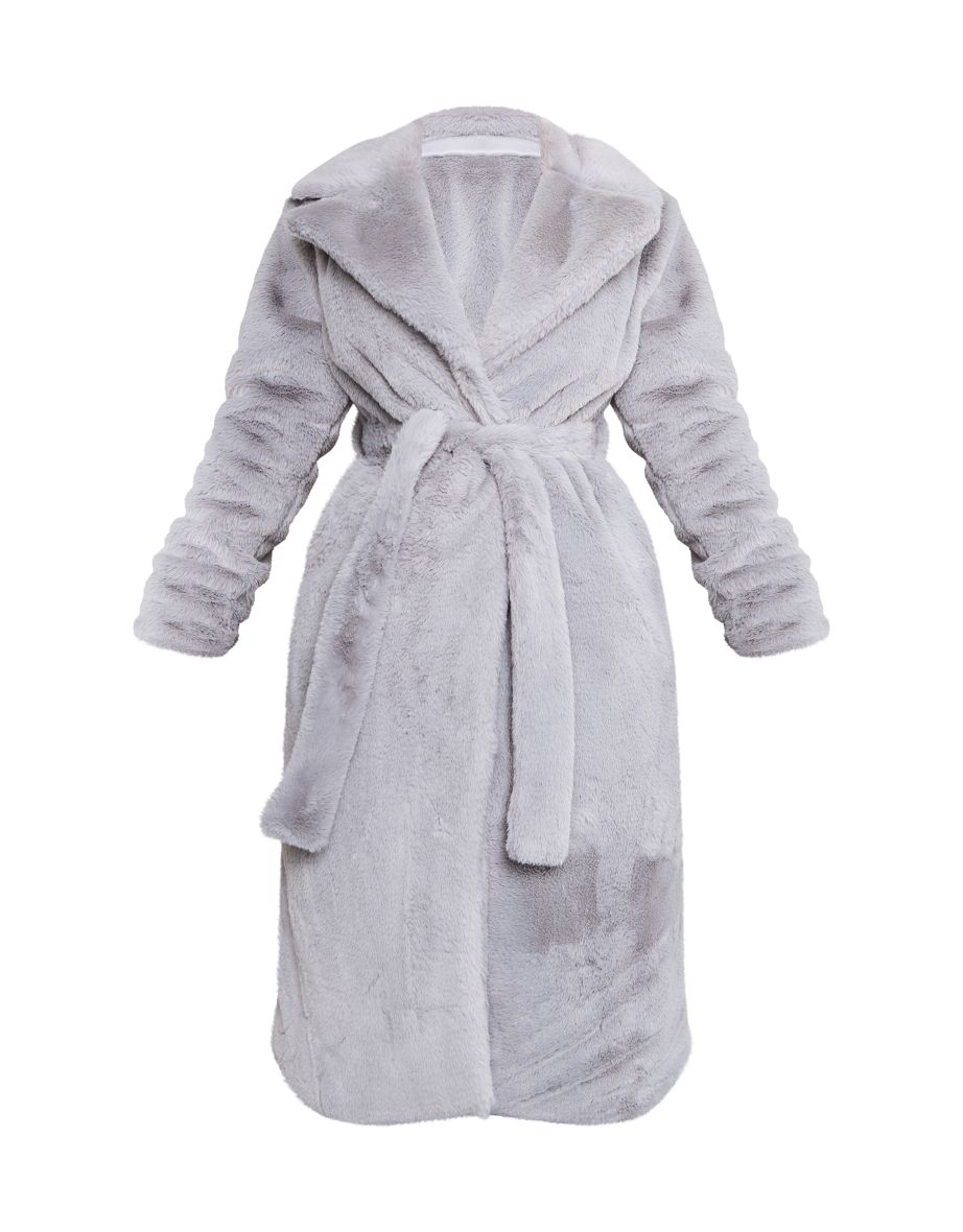 Petite Light Grey Belted Faux Fur Coat - 4
