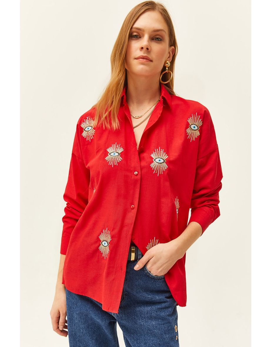 Women's Red Sequin Detailed Woven Boyfriend Shirt