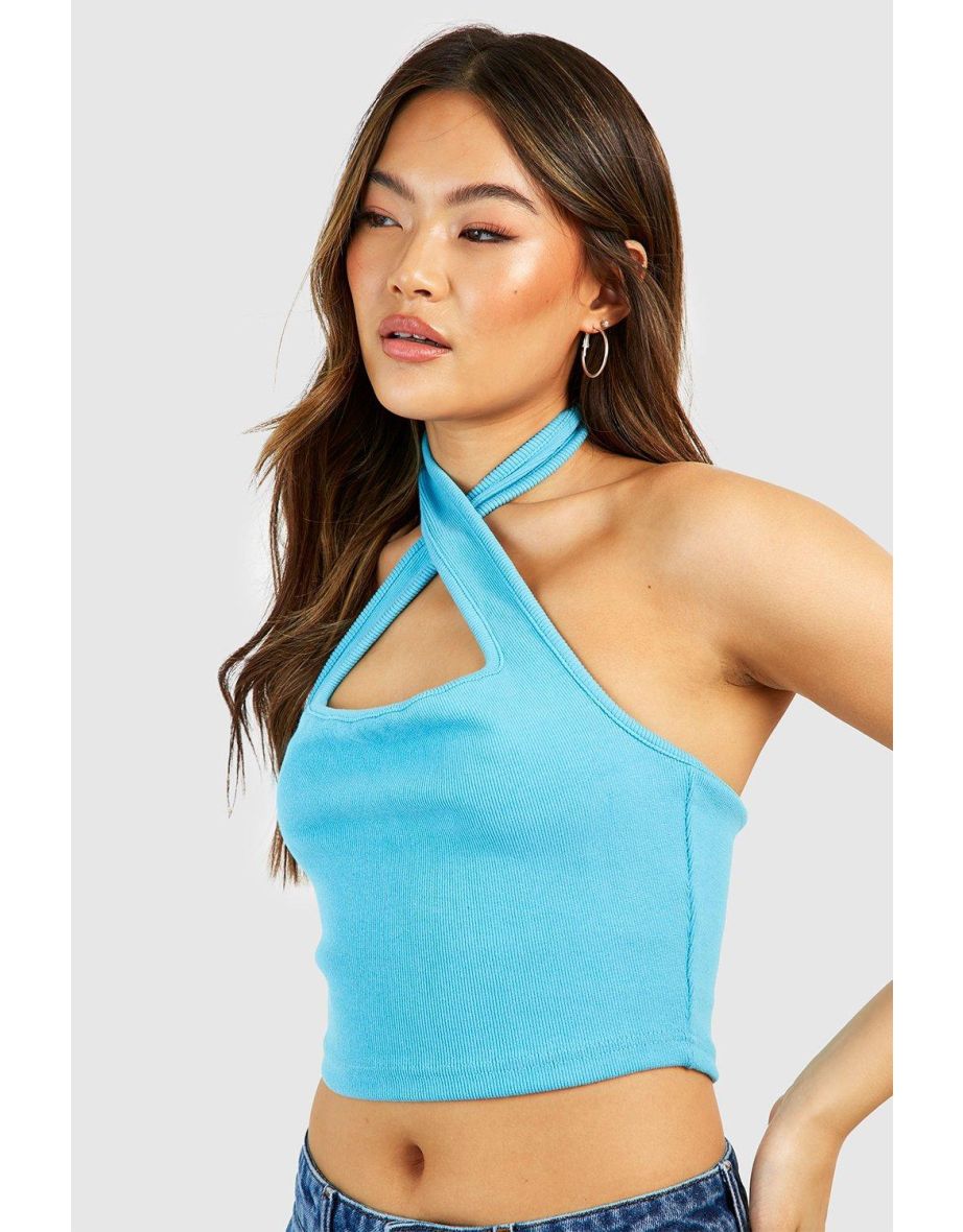 Halter Neck Rib Crop Top - turquoise - 3