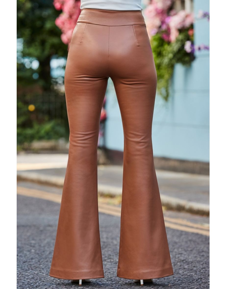Tan Button Detail Flared Faux Leather Trousers - 4