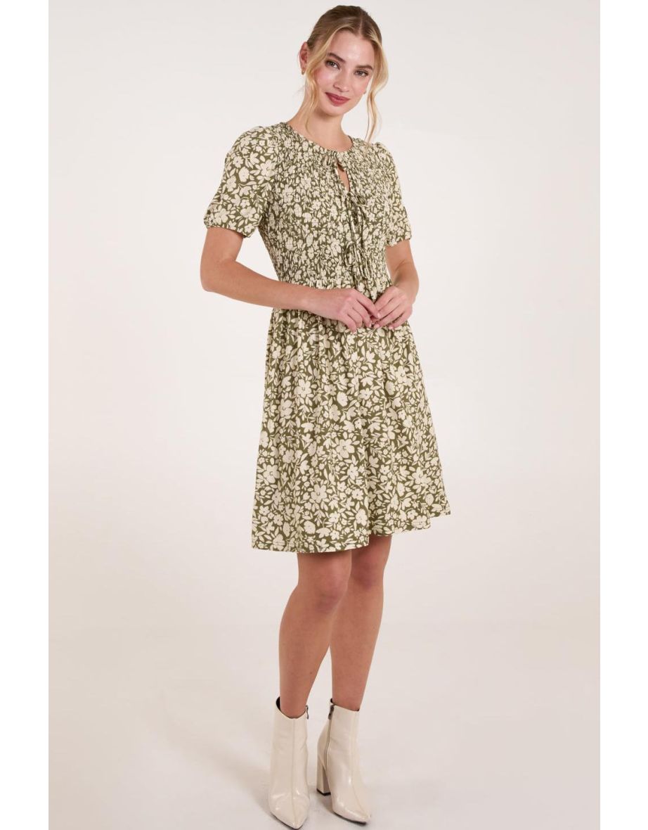 Tie Keyhole Front Puff Sleeve Dress