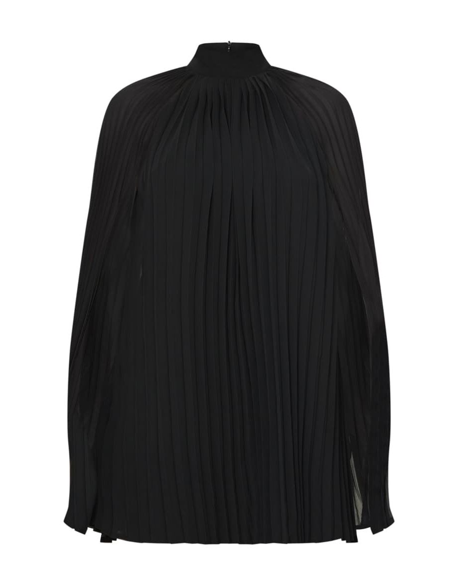 Black Pleated Cape High Neck Shift Dress - 4