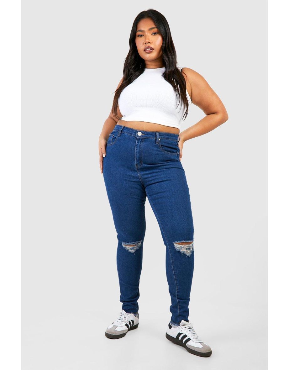 Plus Denim Rip Knee & Frayed Hem Skinny Jeans