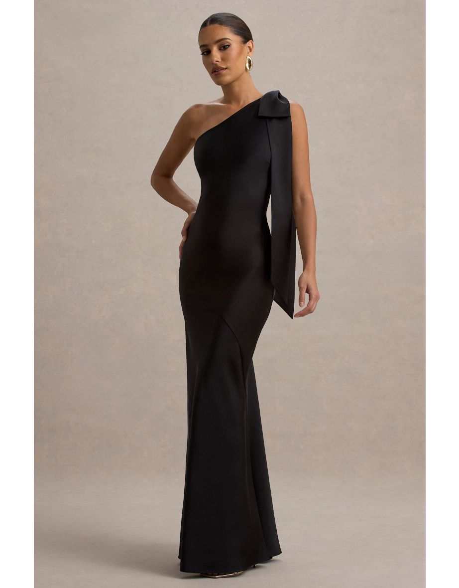 Here For Love | Black Satin Asymmetric Maxi Dress With Bow