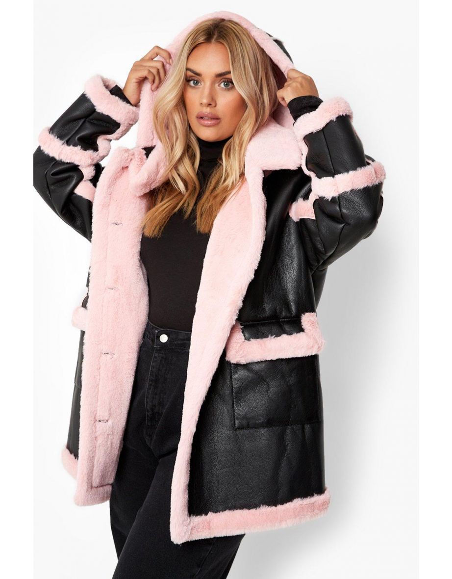 Plus Pink Faux Fur Trim Longline Aviator Jacket - pink - 3