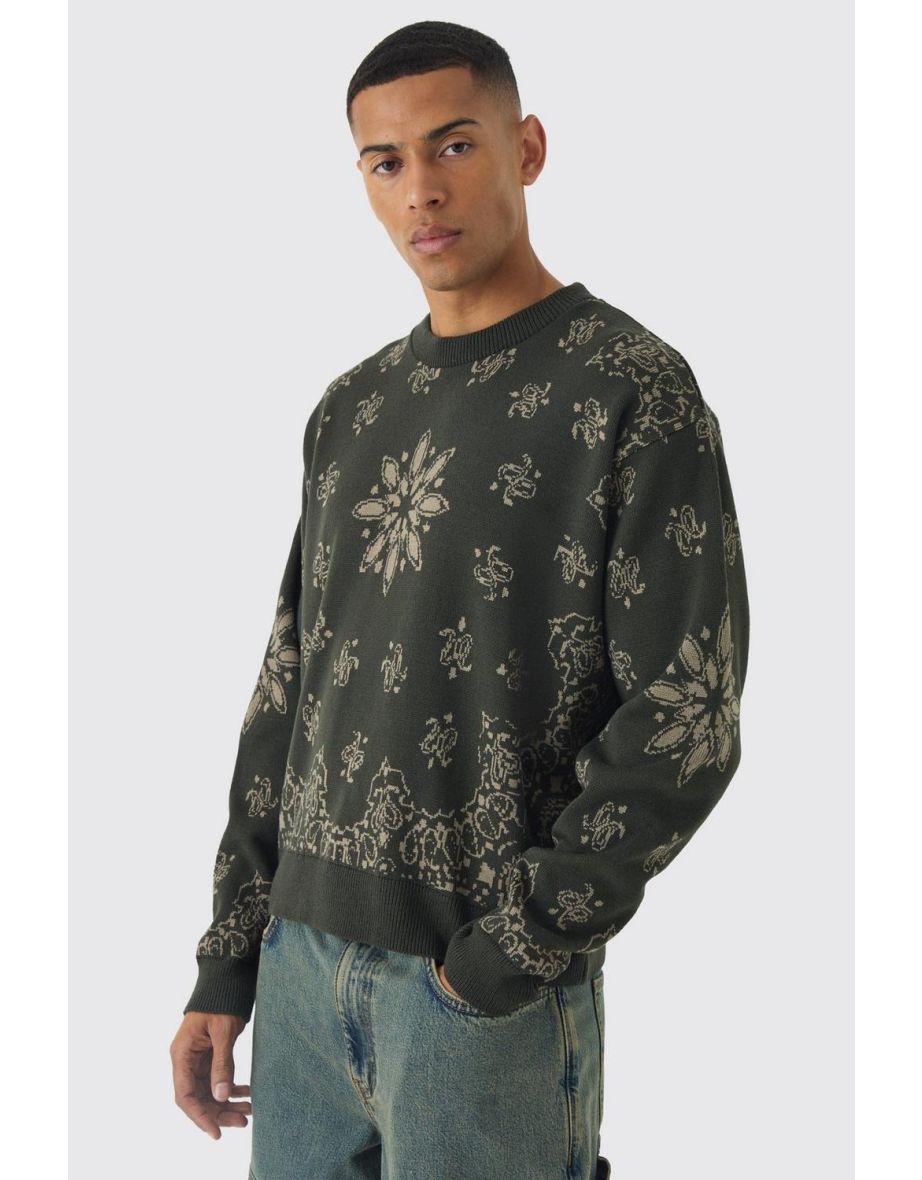 Oversized Boxy Bandana Print Knitted Jumper - brown