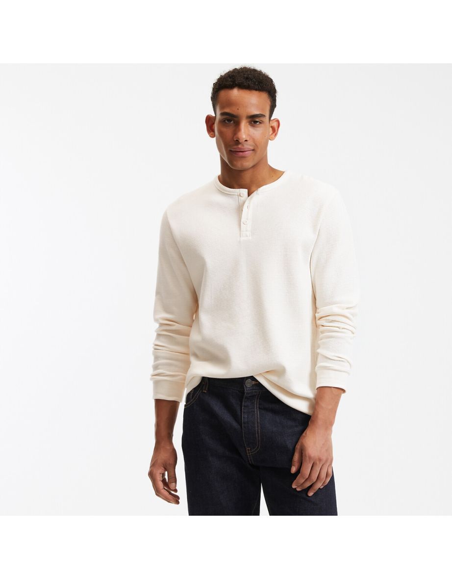 Cotton Grandad Collar T-Shirt with Long Sleeves