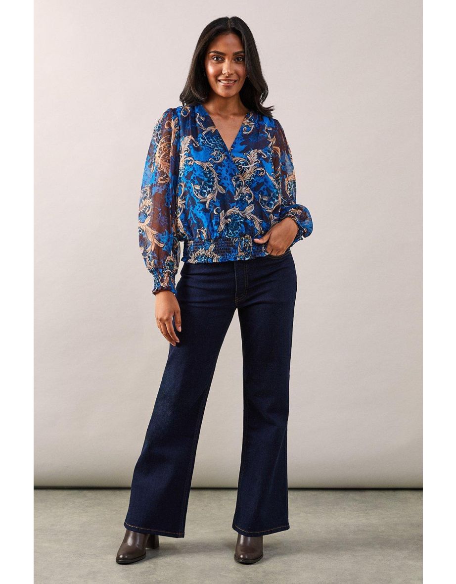 Petite Blue Baroque Wrap Blouse