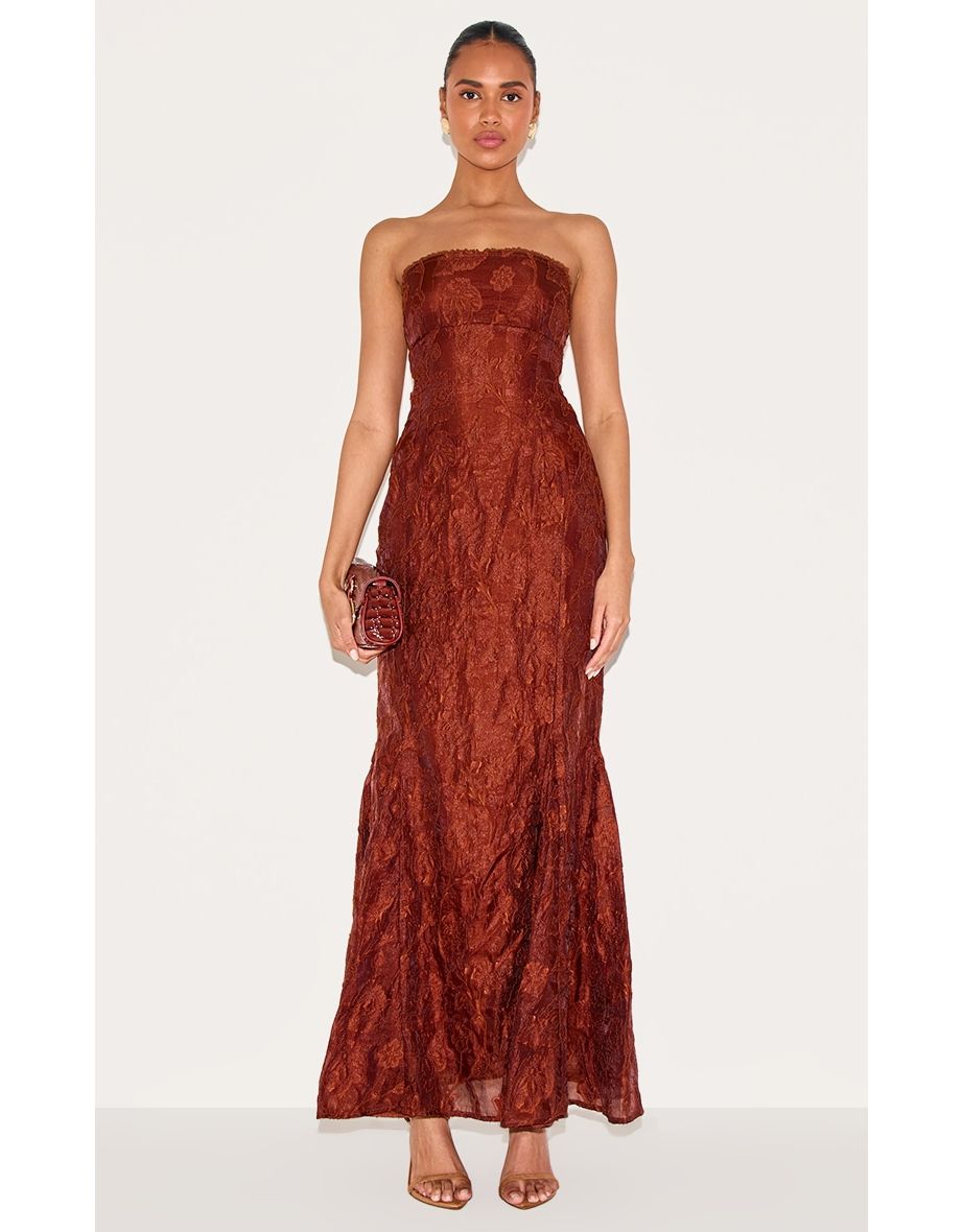 Chestnut Textured Lace Up Back Maxi Dress