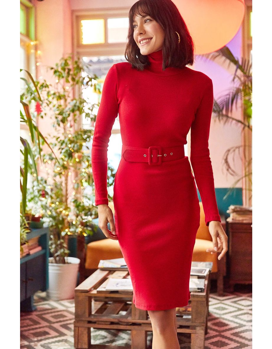 Women's Red Coated Turtleneck Lycra Dress with a Belt