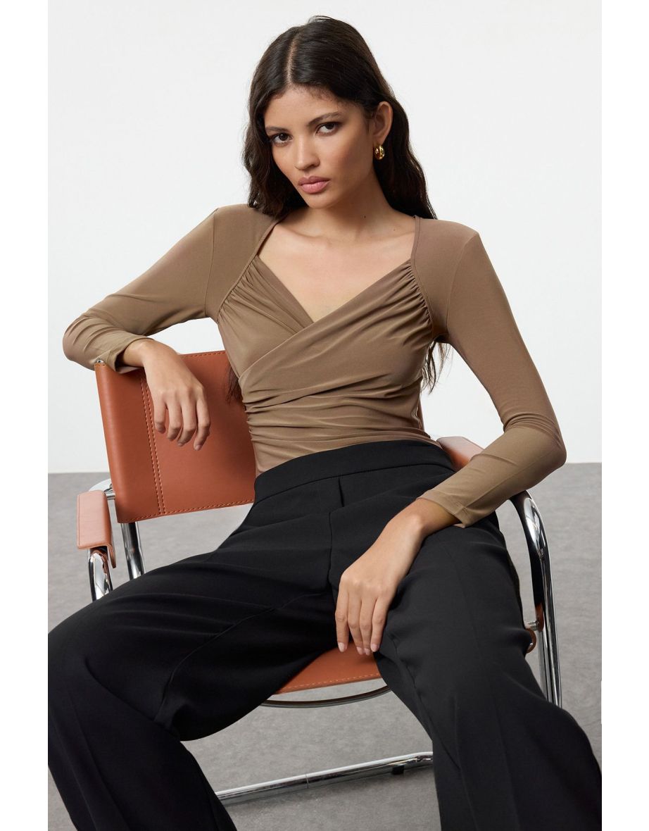 Light Brown Padded Fitted Flexible Knitted Bodysuit Knitted Bodysuit