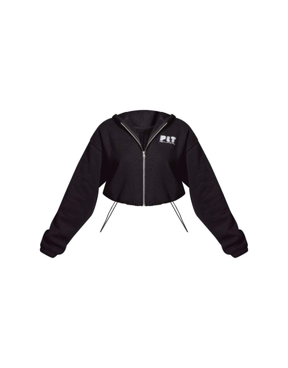 PRETTYLITTLETHING Black Elasticated Hem Zip Up Hoodie - 4