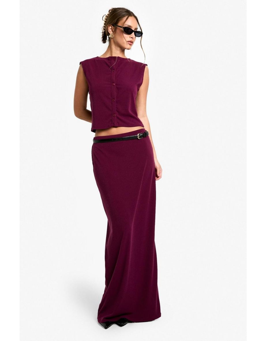 Soft Rib Button Through Top and Maxi Skirt Coord - plum