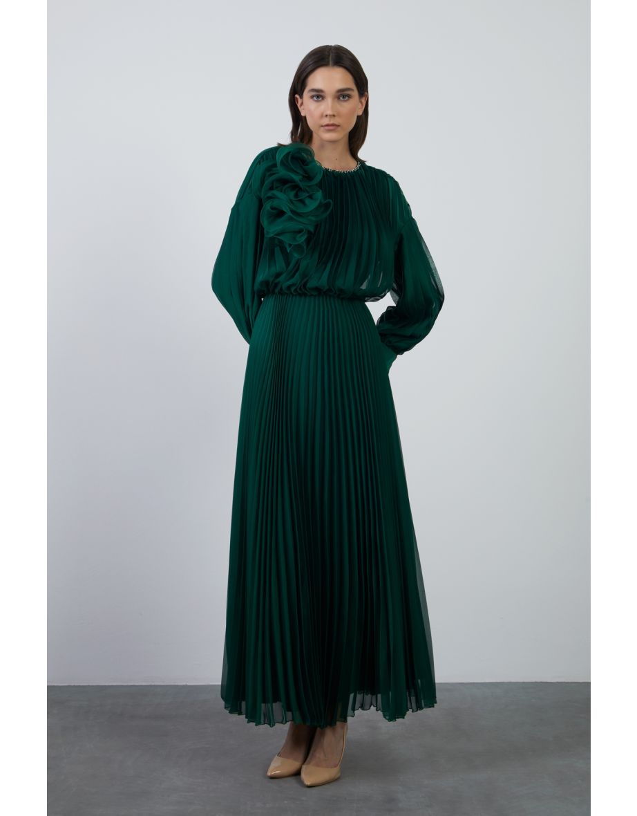Pleated Long Green Evening Dress