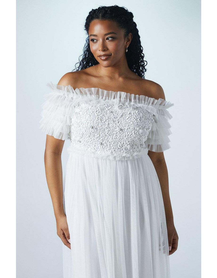 Bardot Mesh And Sequin Ruffle Wedding Dress - 3