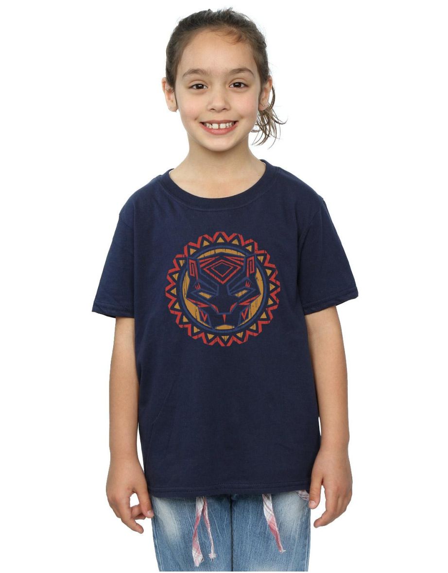 Marvel Girls Black Panther Tribal Panther Icon Cotton T-Shirt - Navy Blue