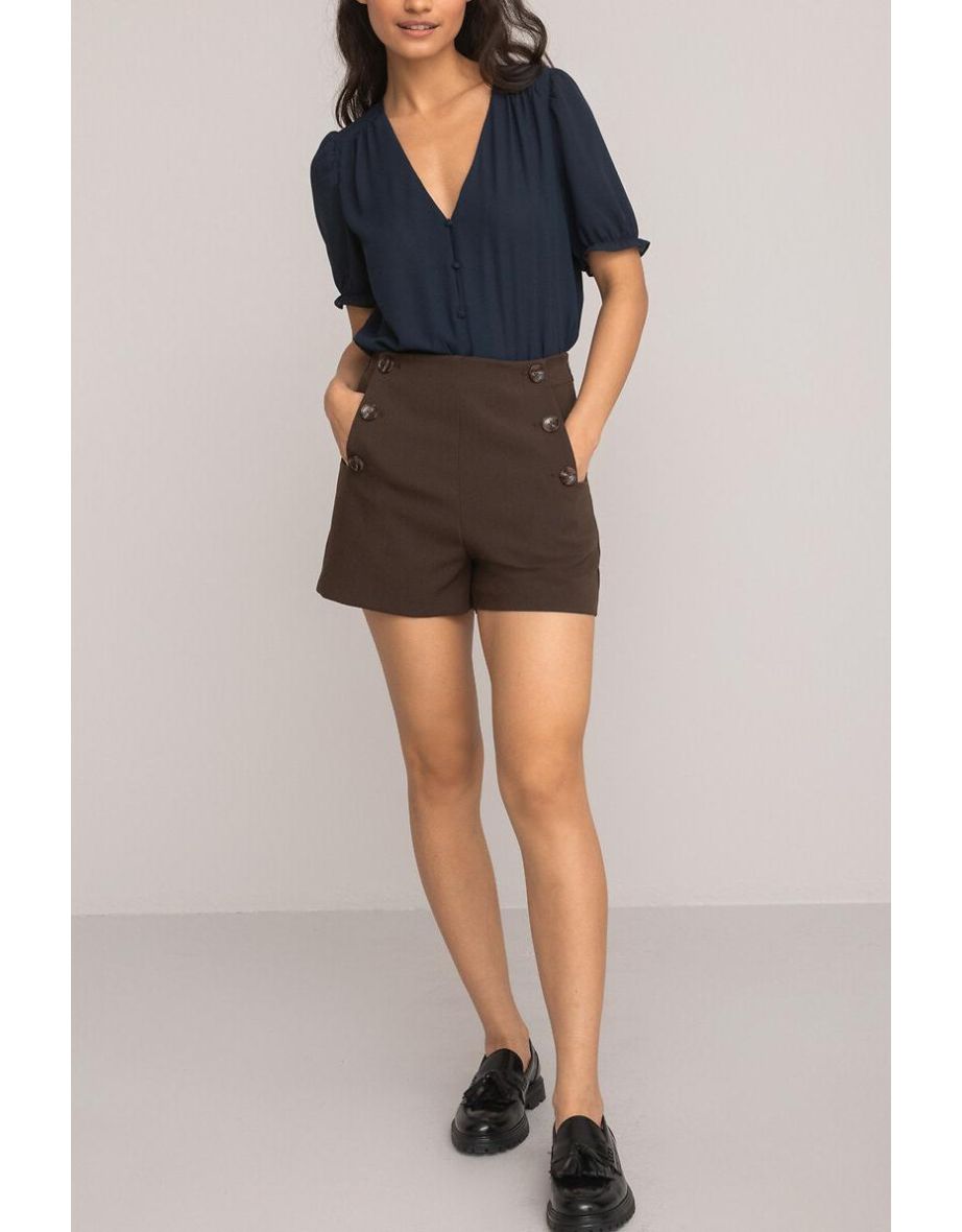 V-Neck Blouse with Short Puff Sleeves