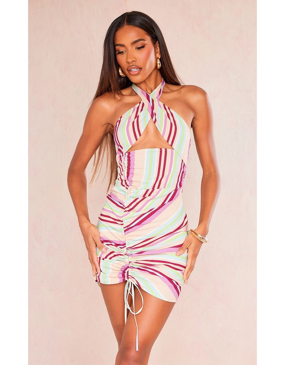 Multi Stripe Textured Wrap Neck Ruched Bodycon Dress