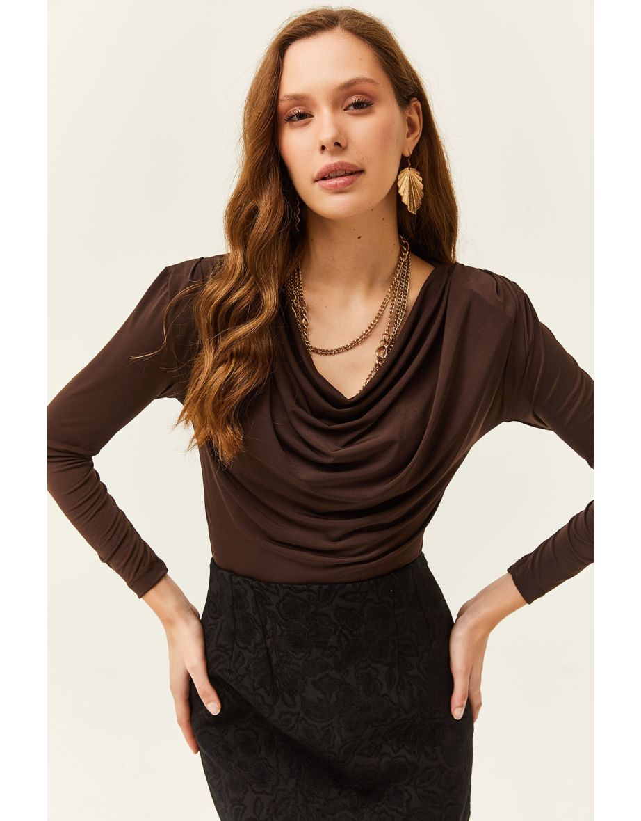 Women's Bitter Brown Waistband Pleated Turndown Collar Blouse