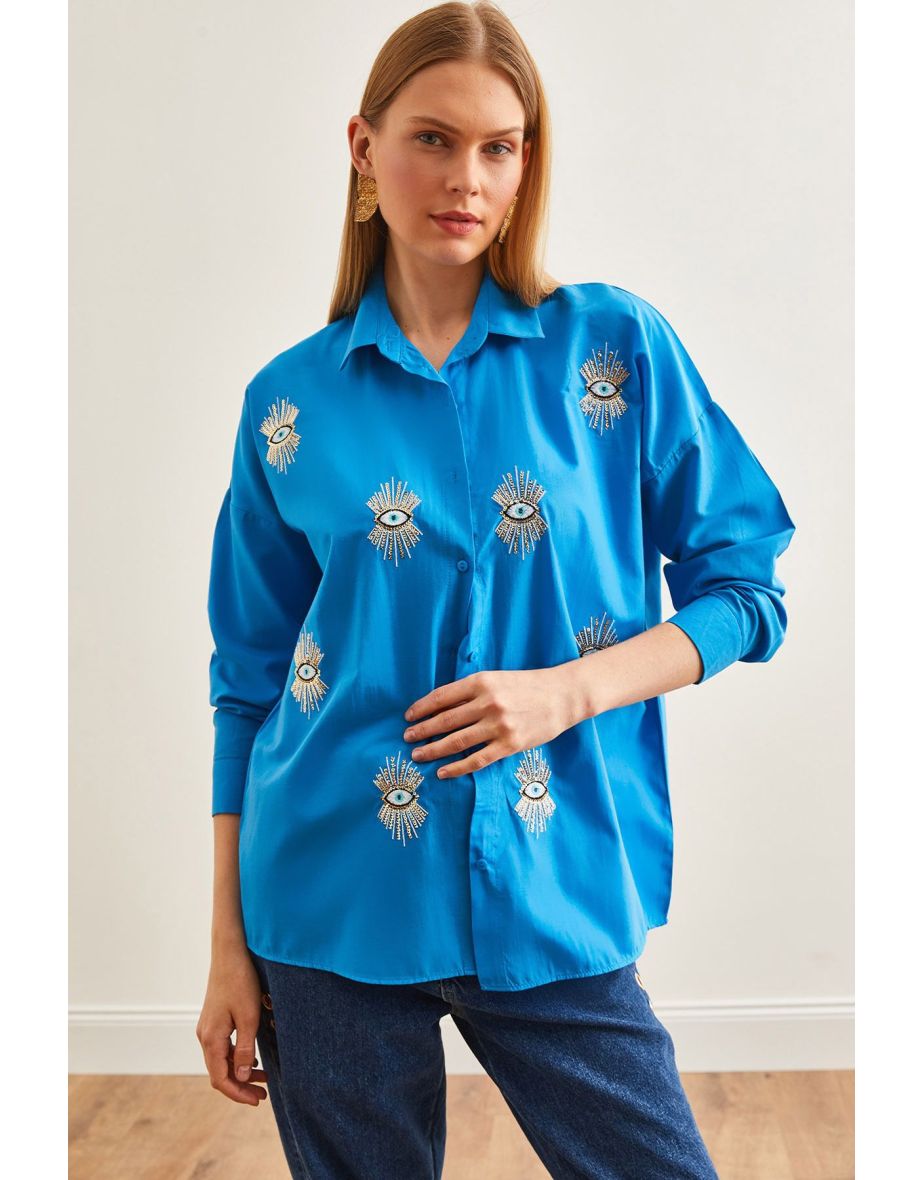 Women's Eye Sky Blue Sequin Detailed Woven Boyfriend Shirt