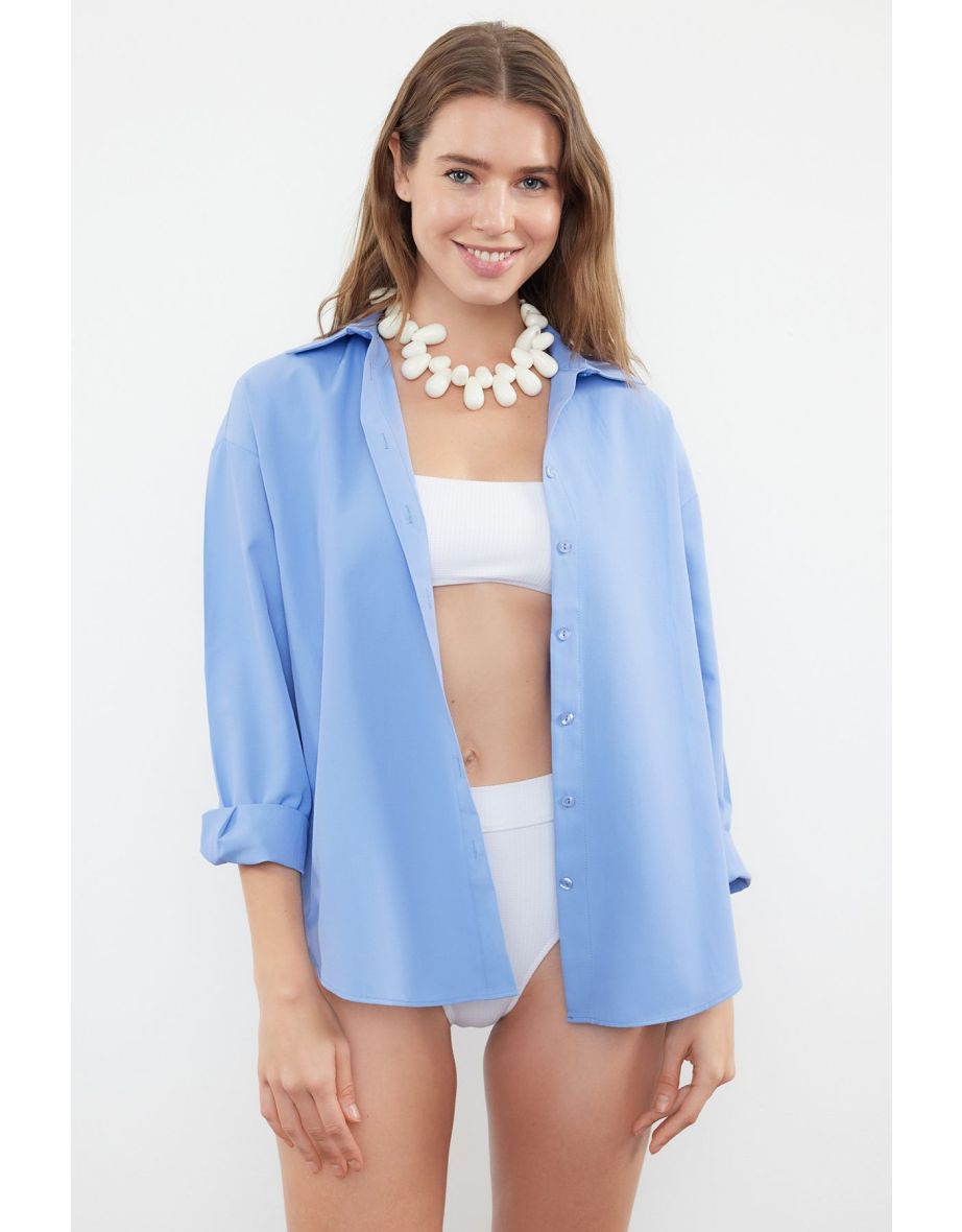 Blue Plain Weave 50% Cotton,50% Polyester Shirt