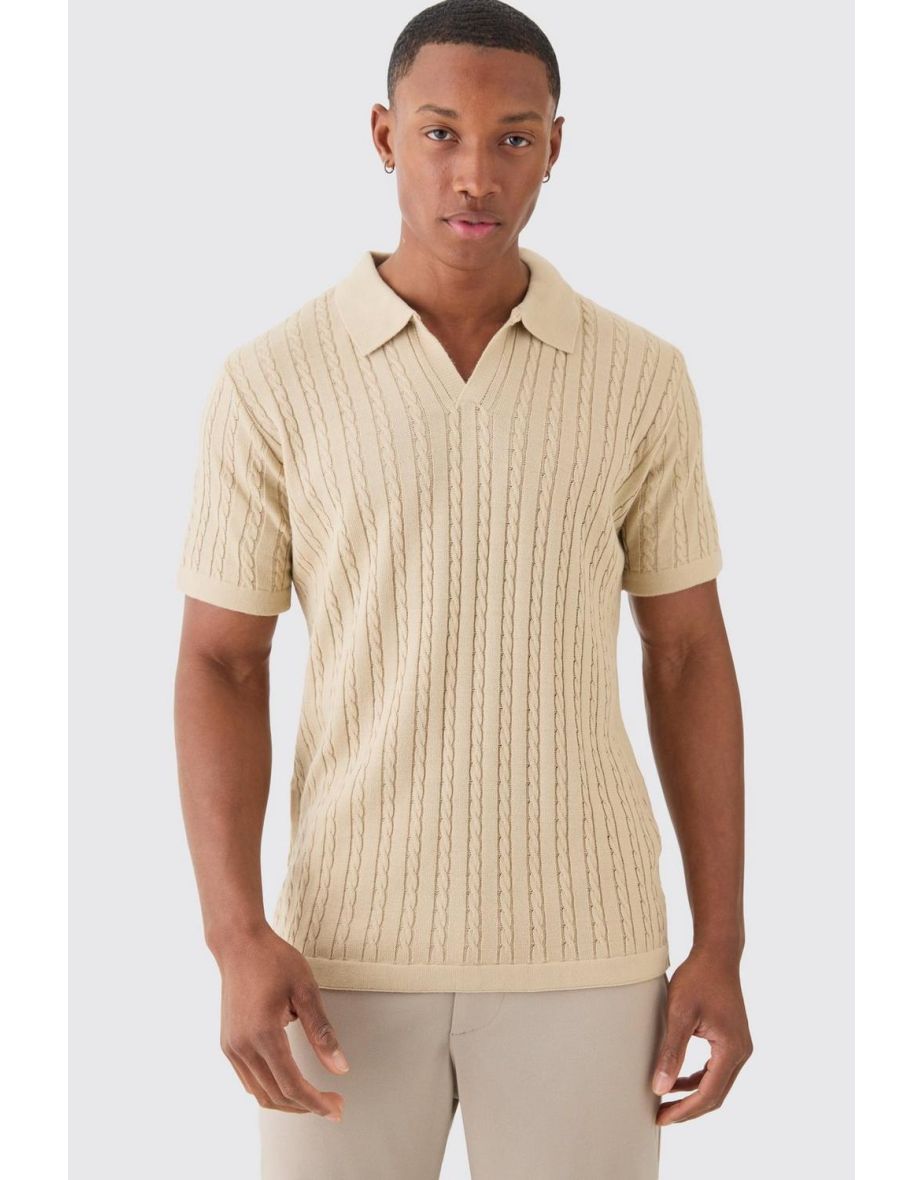 Regular Revere Collar Cable Knit Polo - stone