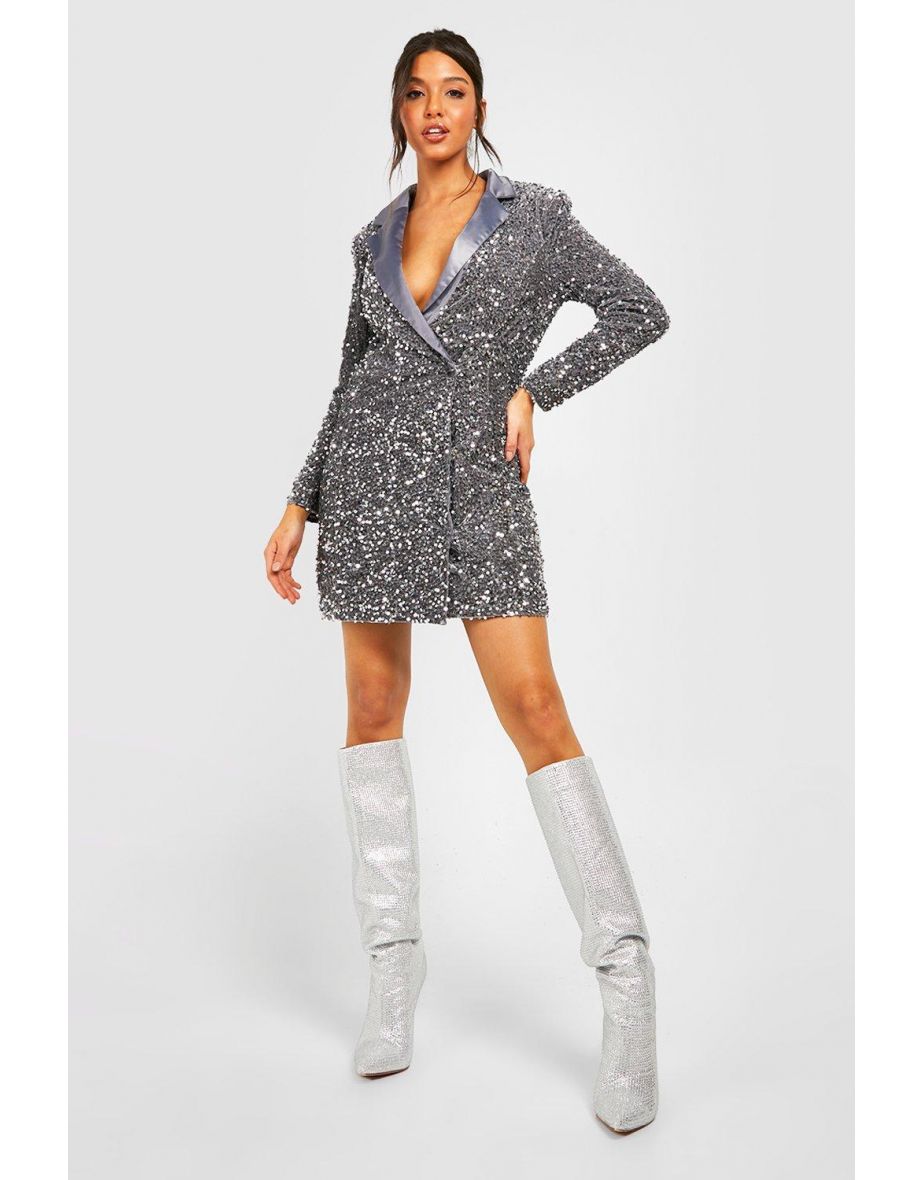 Velvet Sequin Wrap Blazer Party Dress - silver - 3