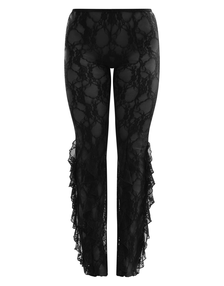 Black Lace Ruffle Hem Flared Trousers - 3
