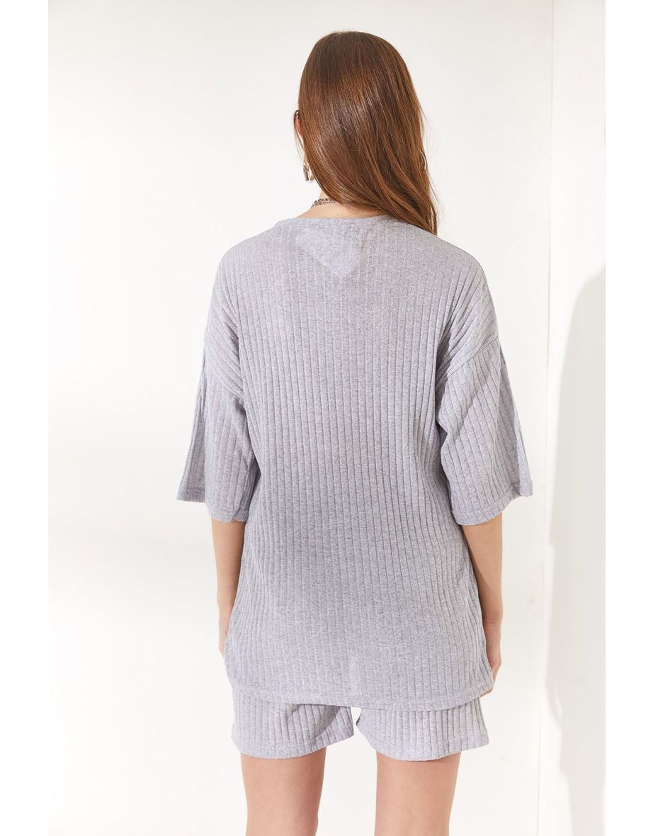 Women's Gray Bottom Short Leggings Top Loose Blouse Suit - 3