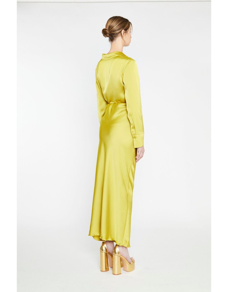 Chartreuse Satin Bias-Cut Midi-Skirt - 4
