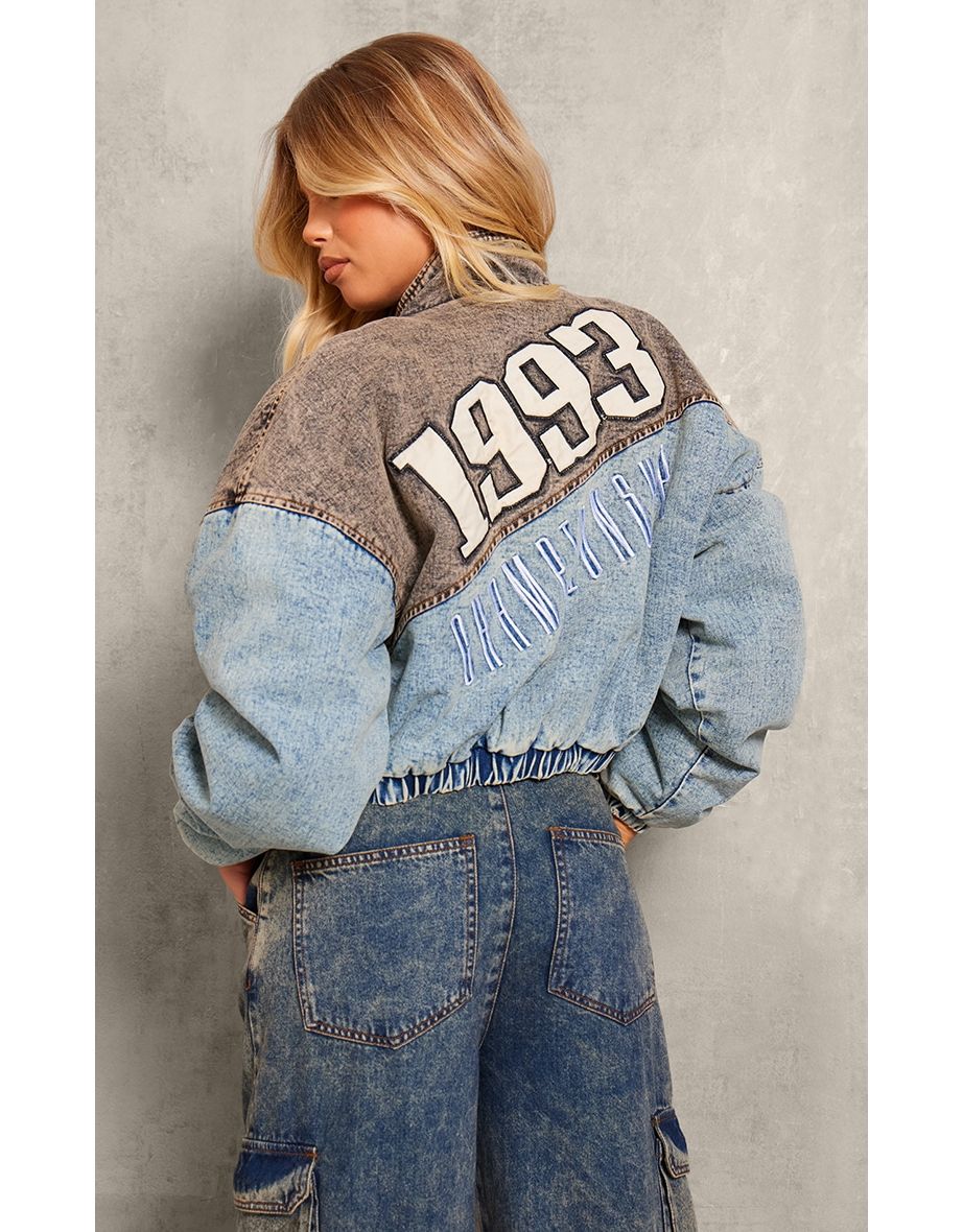 Washed Grey Acid Wash California Oversized Spliced Bomber Jacket
