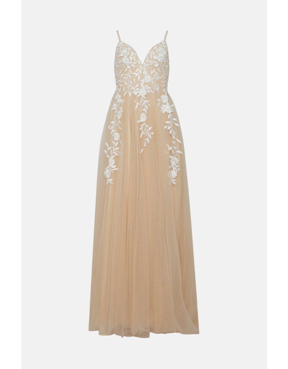 Beige Floral Chiffon A-Line Floor-Length Dress - 3