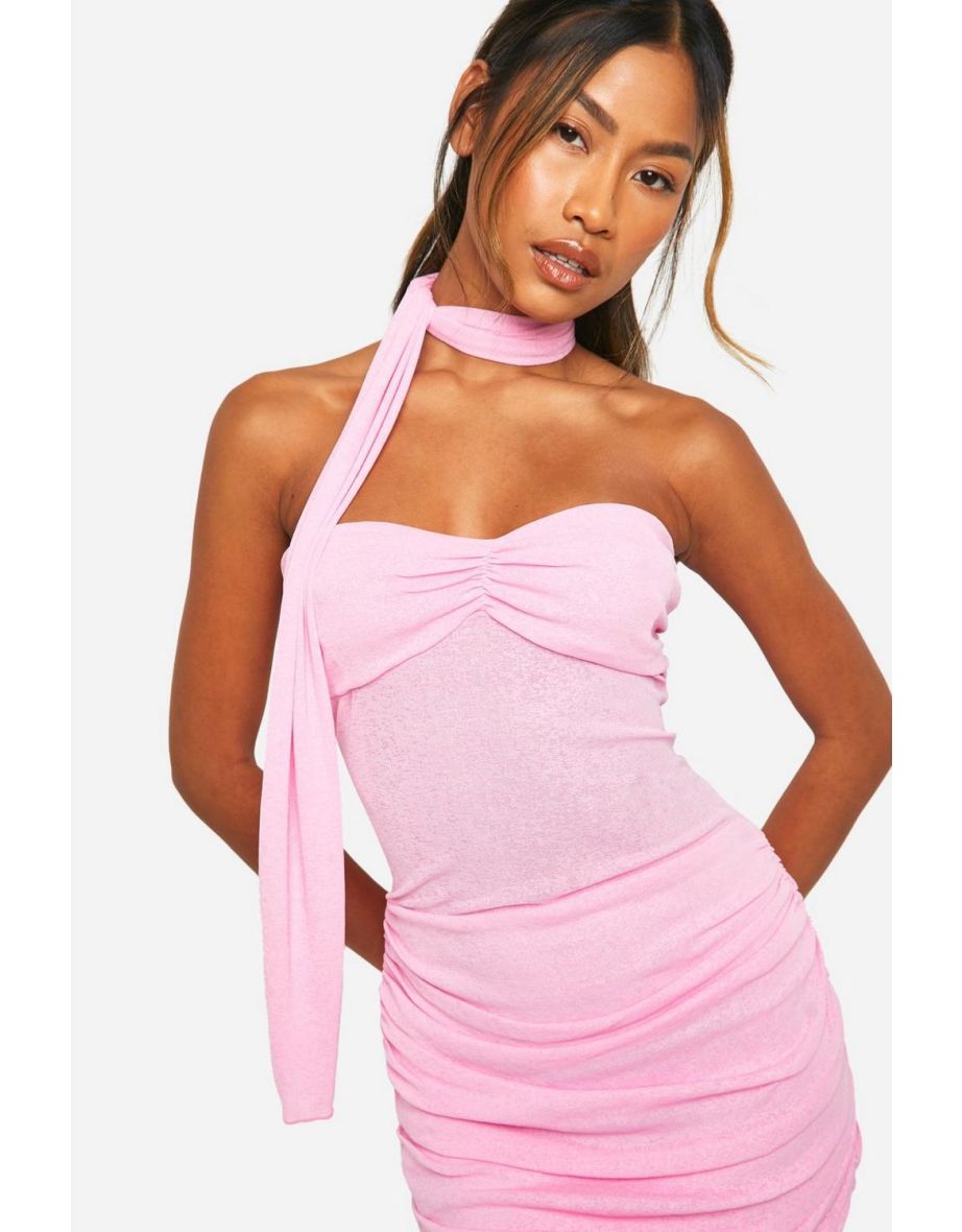 Onion Skin Twist Sheer Mini Dress With Scarf - pink - 3