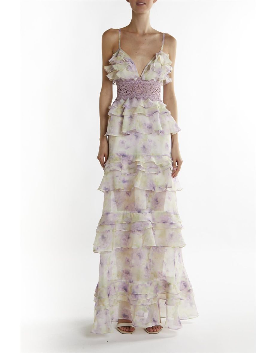Green-Lilac Watercolour Sophia Plunge Front Tiered Ruffle Maxi-Dress